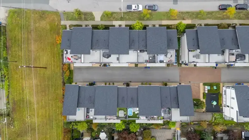 Aerial overview of Summit townhome rows and alley